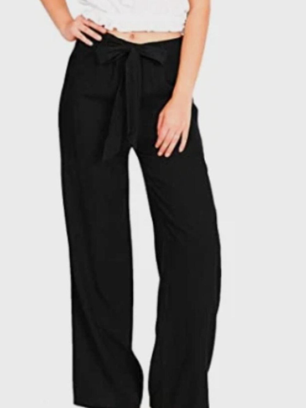 Women's Small Black Loose Fitting Straight Leg Pants w/Sash Belt Linen Cotton
